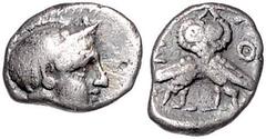 GREEK COINS GRIECHENLAND, ATTIKA / Stadt Athen, AR Diobol (393-300 v.Chr.). Kopf der Athena r. Rs.Eule mit 2 Körpern frontal, A oben, rechts TH, links E. 1,35g. ss Sear 2540; BMC 11.17.177