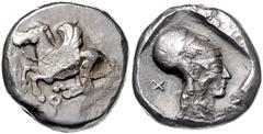 GREEK COINS GRIECHENLAND, KORINTH / Stadt Korinth, AR Stater (480-450 v.Chr.). Pegasos l., unten Koppa. Rs.Kopf der Athena mit korinth. Helm r., dahinter l. X, im vertieften Quadrat. 8,48g. f.ss Sear 