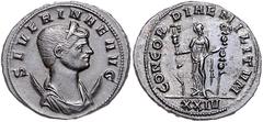 ROMAN COINS RÖMISCHES REICH, Severina, Gemahlin des Aurelian, +275, AE Antoninian XXIV =Siscia. Diad. und drap. Büste r. auf Mondsichel, SEVERINA AVG. Rs.Concordia zwischen 2 Standarten, CONCORDIAE MI