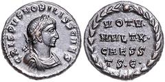 ROMAN COINS RÖMISCHES REICH, Crispus als Caesar, 317-326, AE Follis (318-19), TSE =Thessalonica. Belorb. und gepanz. Büste r., CRISPVS NOBILISS CAES. Rs.VOT V MVLT X CAESS. 3,38g. vz RIC 38; Kampm.142