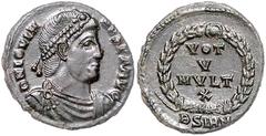 ROMAN COINS RÖMISCHES REICH, Jovian, 363-364, AE 1/2 Centenionalis, BSIRM =Sirmium. Diad. Büste r. Rs.VOT V MVLT X =Jahr 363 im Kranz. 2,81g. vz Sear 4087; RIC 118