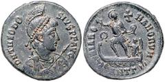 ROMAN COINS RÖMISCHES REICH, Theodosius I., 379-395, AE Maiorina, ANTG =Antiochia. Behelmte Büste r. Rs.GLORIA ROMANORVM, Kaiser l. auf Galeere, dahinter Victoria. 22mm; 5,07g. ss+ Kampm.160.26