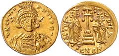 BYZANTINE COINS BYZANTINISCHES REICH, Constantin IV., 668-685, AV Solidus, CONOB =Constantinopel. Büste mit Speer und Schild. Rs.Krückenkreuz mit 3 Stufen, l. Heraclius, r. Tiberius, Off.A. 4,40g. GOL