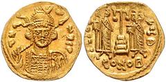 BYZANTINE COINS BYZANTINISCHES REICH, Constantin IV., 668-685, AV Solidus, CONOB =Constantinopel. Büste mit Speer und Schild. Rs.Krückenkreuz mit 3 Stufen, l. Heraclius, r. Tiberius, Off.Theta. 4,37g.