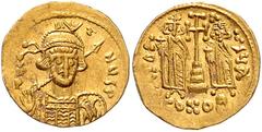 BYZANTINE COINS BYZANTINISCHES REICH, Constantin IV., 668-685, AV Solidus, CONOB =Constantinopel. Büste mit Speer und Schild. Rs.Krückenkreuz mit 3 Stufen, l. Heraclius, r. Tiberius, Off.A. 4,45g. GOL