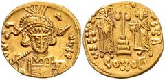 BYZANTINE COINS BYZANTINISCHES REICH, Constantin IV., 668-685, AV Solidus, CONOB =Constantinopel. Büste mit Speer und Schild. Rs.Krückenkreuz mit 3 Stufen, l. Heraclius, r. Tiberius, Off.B. 4,31g. GOL