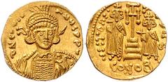 BYZANTINE COINS BYZANTINISCHES REICH, Constantin IV., 668-685, AV Solidus, CONOB =Constantinopel. Büste mit Speer und Schild. Rs.Krückenkreuz mit 3 Stufen, l. Heraclius, r. Tiberius, Off.S. 4,36g. GOL