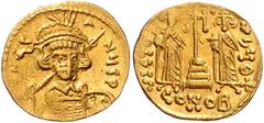 BYZANTINE COINS BYZANTINISCHES REICH, Constantin IV., 668-685, AV Solidus, CONOB =Constantinopel. Büste mit Speer und Schild. Rs.Krückenkreuz mit 3 Stufen, l. Heraclius, r. Tiberius, Off.Theta+. 4,35g