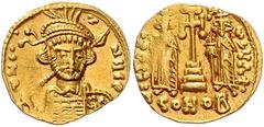 BYZANTINE COINS BYZANTINISCHES REICH, Constantin IV., 668-685, AV Solidus, CONOB =Constantinopel. Büste mit Speer und Schild. Rs.Krückenkreuz mit 3 Stufen, l. Heraclius, r. Tiberius, Off.A +. 4,46g. G