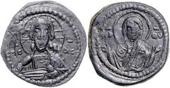 BYZANTINE COINS BYZANTINISCHES REICH, Romanos IV., 1068-1071, AE Follis. Anonyme Ausgabe Klasse G. Christus v.vorn. Rs.Jungfrau Maria mit erhobenen Händen v.vorn. 6,30g. ss+ Sear 1867; Sommer 40.9