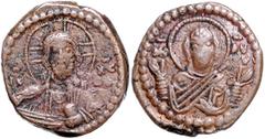 BYZANTINE COINS BYZANTINISCHES REICH, Romanos IV., 1068-1071, AE Follis. Anonyme Ausgabe Klasse G. Christus v.vorn. Rs.Jungfrau Maria mit erhobenen Händen v.vorn. 6,30g. ss Sear 1867; Sommer 40.9