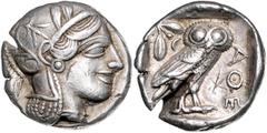 GREEK COINS GRIECHENLAND, ATTIKA / Stadt Athen, AR Tetradrachme (449-413 v.Chr.). Kopf der Athena r. Rs.Eule mit Olivenzweig und Mondsichel r. stehend, im quadratum incusum. 17,13g. Prüfhieb, Kr., ss 