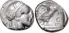 GREEK COINS GRIECHENLAND, ATTIKA / Stadt Athen, AR Tetradrachme (ca. 430 v.Chr.). Behelmter Athenakopf r. Rs.Eule mit Olivenzweig und Mondsichel im quadratum incusum. 17,17g. ss-vz Kroll 8; Svoronos p