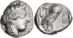 GREEK COINS GRIECHENLAND, ATTIKA / Stadt Athen, AR Tetradrachme (ca. 430 v.Chr.). Behelmter Athenakopf. Rs.Eule mit Olivenzweig und Mondsichel im quadratum incusum. 17,14g. Interessante Überpägung auf