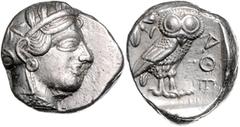 GREEK COINS GRIECHENLAND, ATTIKA / Stadt Athen, AR Tetradrachme (430-420 v.Chr.). Kopf der Athena r. Rs.Eule r. mit Olivenzweig und Mondsichel im quadratum incusum. 17,11g. ss-vz Kroll 8; HGC 4,1597