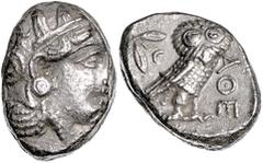 GREEK COINS GRIECHENLAND, ATTIKA / Stadt Athen, AR Tetradrachme (380-250 v.Chr.). Kopf der Athena. Rs.Eule mit Olivenzweig und Mondsichel im quadratum incusum. ss+/f.vz Sear 2526