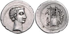 ROMAN COINS RÖMISCHES REICH, Augustus, 27 v.-14 n.Chr., AR Drachme, Lykien, Stadt Kragos. Bloßer Kopf r. Rs.Lyra, r. Zweig, A-Y, K-P. 3,59g. f.vz RPC 3307; SNG Aul.4311f.