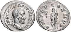 ROMAN COINS RÖMISCHES REICH, Pupienus, 238, AR Denar, Rom. Belorb. und drap. Büste r., IMP CM CLOD PVPIENVS AVG. Rs.Felicitas l. stehend, hält Caduceus und Zepter, PM TRP COS II PP. 2,04g. vz RIC 6; K