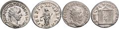 ROMAN COINS RÖMISCHES REICH, Trebonianus Gallus, 251-253, AR Antoninian, Antiochia. Drap. Büste mit Strahlenkrone r., IMP CC VIB TREB GALLVS PF AVG. Rs.Roma sitzend in hexastylem Tempel, SAECVLVM NOVV