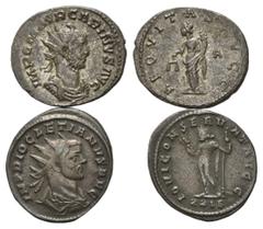 ROMAN COINS RÖMISCHES REICH, Carinus, 283-285, AE Antoninian, A =Lugdunum. Geh. Büste r. mit Strahlenkrone, IMP CM AVR CARINVS AVG. Rs.Aequitas l. stehend, AEQVITAS AVGG. (Silbersud, f.vz) 3,66g. DAZU