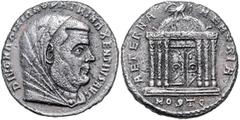ROMAN COINS RÖMISCHES REICH, Maximian, posthum unter Maxentius, 306-312, AE Konsekrationsfollis, MOSTQ =Ostia. Verschleierte Büste r., DIVO MAXIMIANO PATRI MAXENTIVS AVG. Rs.6-säuliger Schrein, oben A