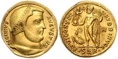 ROMAN COINS RÖMISCHES REICH, Licinius I., 308-324, AV Aureus 313-314, Serdica. Belorberte Büste r., LICINIUS-AUGUSTUS. Rs.Jupiter l. stehend mit Gloriole und Zepter, zu seinen Füßen Adler mit Kranz im