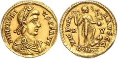 ROMAN COINS RÖMISCHES REICH, Honorius, 393-423, AV Solidus, RV CONOB =Ravenna. Diad. Büste r. Rs.Honorius r. stehend, in der Rechten Labarum, in der Linken Globus mit Victoria, zu Füßen Gefangener. 4,