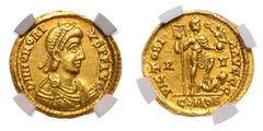 ROMAN COINS RÖMISCHES REICH, Honorius, 393-423, AV Solidus (402-406), RV =Ravenna. Diad.Büste r. Rs.Honorius r. stehend, in der Rechten Standarte, in der Linken Globus mit Victoria, den linken Fuß auf