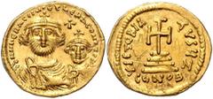 BYZANTINE COINS BYZANTINISCHES REICH, Heraclius, 610-641, AV Solidus. Büsten von Heraklius und Heraclonas v.vorn, dazw.Kreuz. Rs.Kreuz auf vier Stufen, Off.Z. 4,44g. GOLD, Graffiti, ss-vz So.11.9