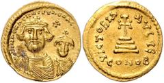 BYZANTINE COINS BYZANTINISCHES REICH, Heraclius, 610-641, AV Solidus. Büsten von Heraklius und Heraklius Constantinus v.vorn, dazw. Kreuz. Rs.Kreuz auf vier Stufen, Off.E. 4,45g. GOLD, l.Belagreste, s