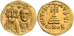 BYZANTINE COINS BYZANTINISCHES REICH, Heraclius, 610-641, AV Solidus, Constantinopel. Büsten von Heraklius und Heraklius Constantinus v.vorn. Rs.Kreuz auf 4 Stufen, Off. I. 4,43g. GOLD, Vs.kl.Kr., ss-