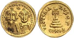 BYZANTINE COINS BYZANTINISCHES REICH, Heraclius, 610-641, AV Solidus. Büsten von Heraklius und Heraklius Constantinus v.vorn, dazw. Kreuz. Rs.Kreuz auf vier Stufen, Off.G. 4,45g. GOLD, l.Überprägespur