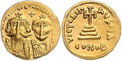BYZANTINE COINS BYZANTINISCHES REICH, Heraclius, 610-641, AV Solidus. Büsten von Heraklius und Heraklius Constantinus v.vorn, dazw. Kreuz. Rs.Kreuz auf vier Stufen, Off.A. 4,38g. GOLD, kl.Graffito, ss