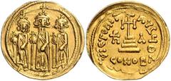 BYZANTINE COINS BYZANTINISCHES REICH, Heraclius, 610-641, AV Solidus CONOB =Konstantinopel. Heraclonas, Heraklius und Heraklius Constantin mit Globus v.vorn. Rs.Krückenkreuz auf drei Stufen, i.F. Mono