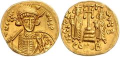 BYZANTINE COINS BYZANTINISCHES REICH, Constantin IV., 668-685, AV Solidus, CONOB =Konstantinopel. Büste mit Speer und Schild. Rs.Krückenkreuz mit 3 Stufen, l. Heraclius, r. Tiberius stehend, Off.B. 4,