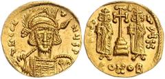 BYZANTINE COINS BYZANTINISCHES REICH, Constantin IV., 668-685, AV Solidus, CONOB =Konstantinopel. Panzerbüste mit Speer und Schild r. Rs.Stufenkreuz zwischen Heraclius und Tiberius. 4,36g. GOLD, Vs.kl
