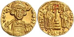 BYZANTINE COINS BYZANTINISCHES REICH, Constantin IV., 668-685, AV Solidus, CONOB =Konstantinopel. Büste mit Speer und Schild. Rs.Krückenkreuz mit 3 Stufen, l. Heraclius, r. Tiberius stehend, Off.N(?).