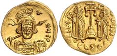 BYZANTINE COINS BYZANTINISCHES REICH, Constantin IV., 668-685, AV Solidus, CONOB =Konstantinopel. Büste mit Speer und Schild. Rs.Krückenkreuz mit 3 Stufen, l. Heraclius, r. Tiberius stehend, Off.N. 4,