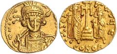 BYZANTINE COINS BYZANTINISCHES REICH, Constantin IV., 668-685, AV Solidus, CONOB =Konstantinopel. Büste mit Speer und Schild. Rs.Krückenkreuz mit 3 Stufen, l. Heraclius, r. Tiberius stehend, Off.E. 4,