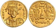 BYZANTINE COINS BYZANTINISCHES REICH, Constantin IV., 668-685, AV Solidus, CONOB =Konstantinopel. Büste mit Speer und Schild. Rs.Krückenkreuz mit 3 Stufen, l. Heraclius, r. Tiberius stehend, Off.Theta