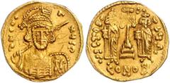 BYZANTINE COINS BYZANTINISCHES REICH, Constantin IV., 668-685, AV Solidus, CONOB =Konstantinopel. Büste mit Speer und Schild. Rs.Krückenkreuz mit 3 Stufen, l. Heraklius, r. Tiberius, Off.D. 4,32g. GOL