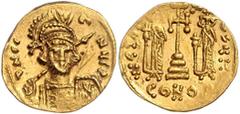 BYZANTINE COINS BYZANTINISCHES REICH, Constantin IV., 668-685, AV Solidus, CONOB =Konstantinopel. Büste mit Speer und Schild. Rs.Krückenkreuz mit 3 Stufen, l. Heraclius, r. Tiberius. 4,10g. GOLD, präg