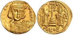 BYZANTINE COINS BYZANTINISCHES REICH, Constantin IV., 668-685, AV Solidus, CONOB =Konstantinopel. Büste mit Speer und Schild. Rs.Krückenkreuz mit 3 Stufen, l. Heraclius, r. Tiberius, Off.Theta. 4,32g.