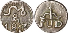 GUERRA DE INDEPENDENCIA GUERRA DE INDEPENDENCIA KM# 220.1 VAR (A&C# 415 UNL año o A&C# 418 VAR metal) CAUDILLO DEL SUR PLATE COIN – Medio Real 1813 Morelos, SUD. XF. Plata fundida- La labor de amoneda