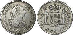 CARLOS IV GUATEMALA. KM# 41 UNL (A&C# 208 VAR) – Medio Real 1789 NG M. F+.- Variante en la que se acuñó con la efigie de Carlos III. Curiosa regrabación de cuño en la que el punto antes del ordinal y 