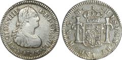 CARLOS IV GUATEMALA. KM# 50 (A&C# 211) – Medio Real 1793 NG M. VF.- Cierta debilidad en busto, rayoncitos en campos, ligeramente patinada. Fecha muy escasa, para 2021 en su subasta 368, lote no. 93, A