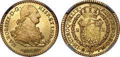 CARLOS IV MÉXICO. KM# 132 (A&C# 1323 UNL) – 2 Escudos 1791 Mo MF. NGC AU58. TOP POP.- Primera fecha de acuñación con busto propio de Carlos IV, todos los ejemplares que observamos presentan curiosa pa