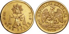 SEGUNDA REPUBLICA KM# 413.6 – 10 Pesos 1876 Hermosillo Ho F. XF. - Una ceca escasa y difícil en cualquier denominación, está en particular MUY RARA y la única del ensayador Alejandro Fourcade con un m