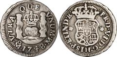 FERNANDO VI MÉXICO. KM# 67.1 VAR (A&C# 81 VAR) M05-48 UNL – 1/2 Real 1748 Mo M. VF.- Reforzando nuestra teoría respecto al retrabajado de cuños de anverso en piezas tempranas de Fernando VI, ya hemos 