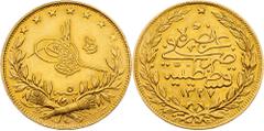 Gold Ottoman Empire, 100 Kurus 1327 (1909)Ottoman Empire, 100 Kurus 1327 (1909), 7,188 g, Au (917/1000), KM# 754|mint luster, min. toned, rare; aUNC Grade: aUNC